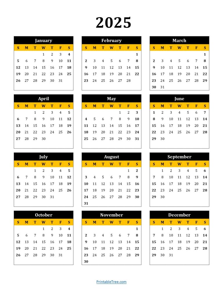 Printable Calendar 2025 One Page With Holidays Single Page 2025 Yearly Blank PDF Templates