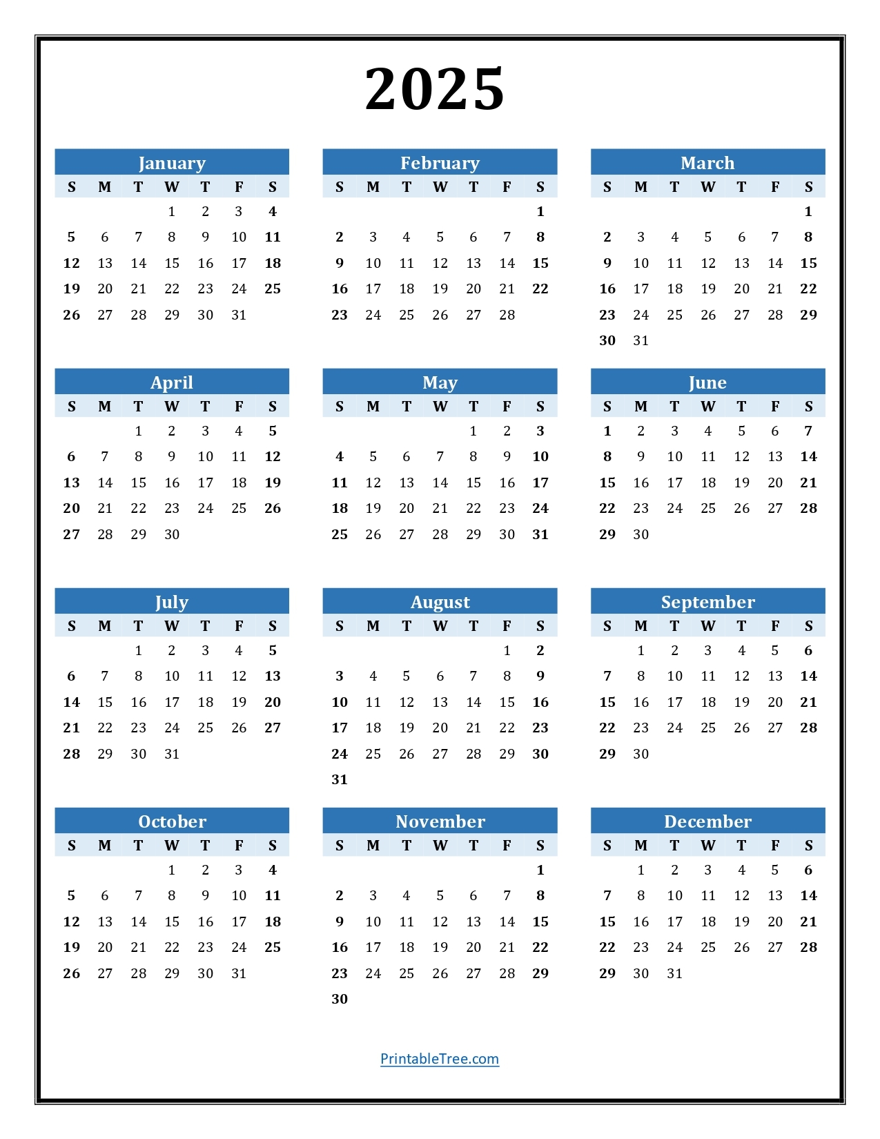 2025 Yearly Calendar One Page