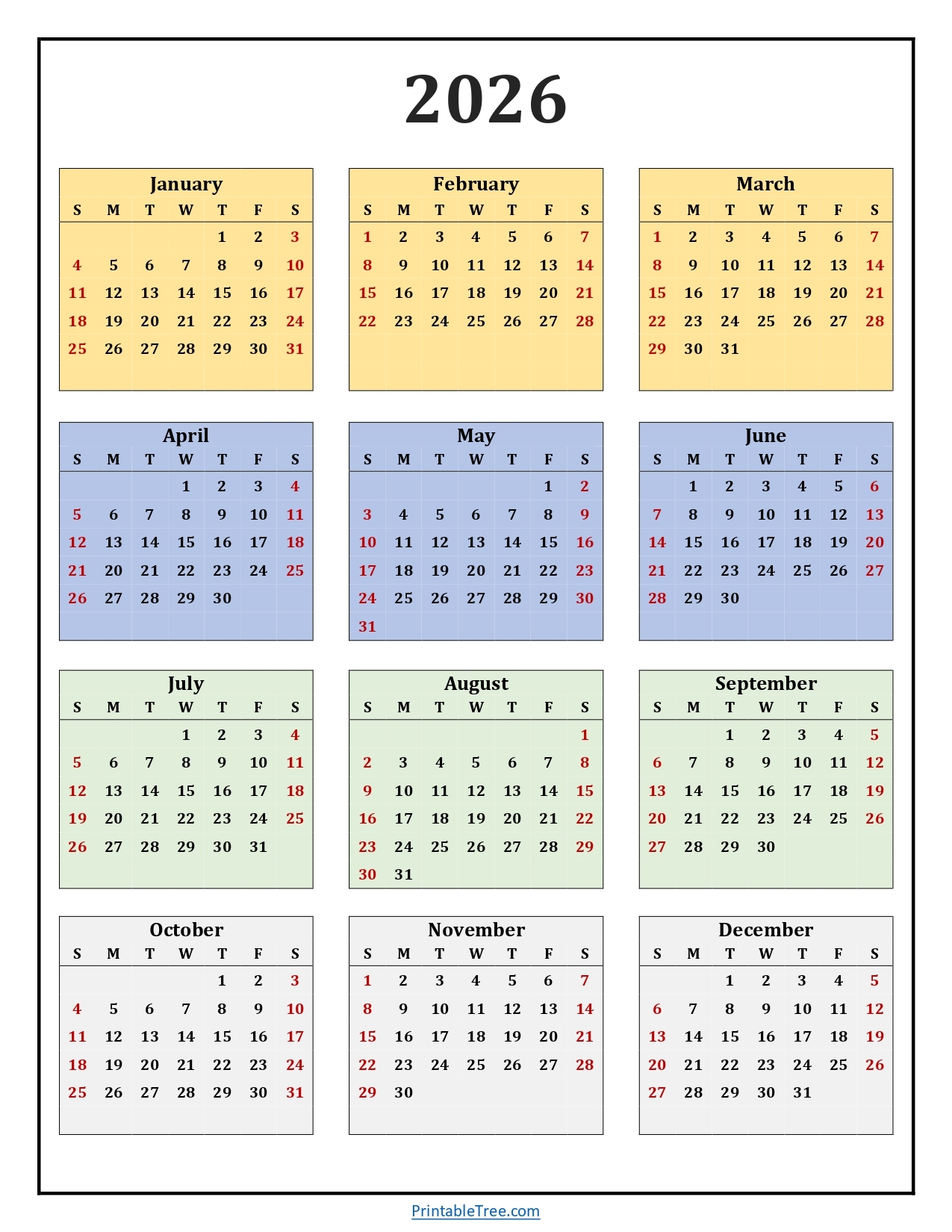 2026 Calendar One Page Blue Portrait