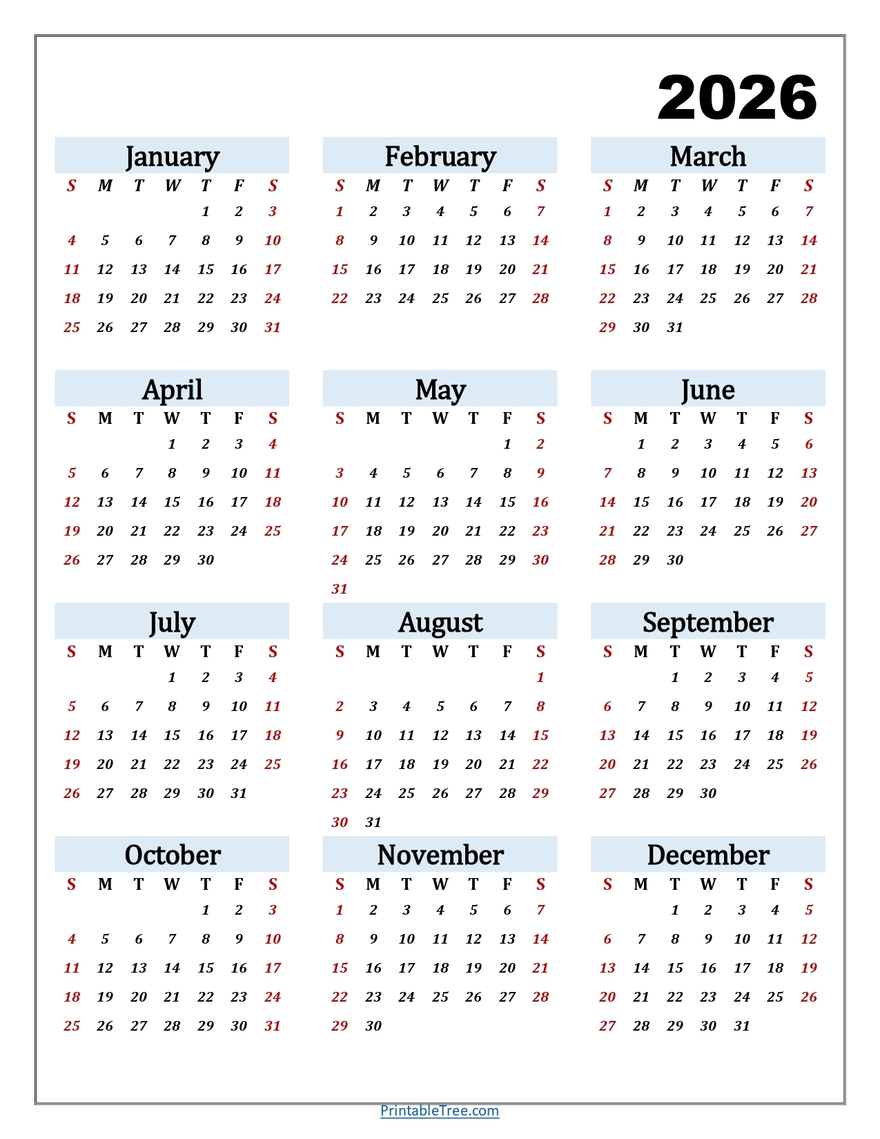 Printable Calendar 2026 One Page With Holidays Single Page 2026 Yearly Blank PDF Templates