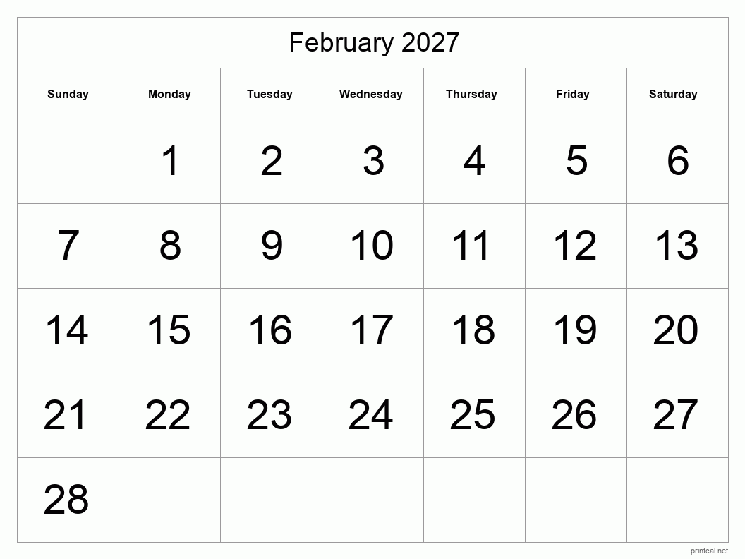 Printable February 2027 Calendar Big Dates