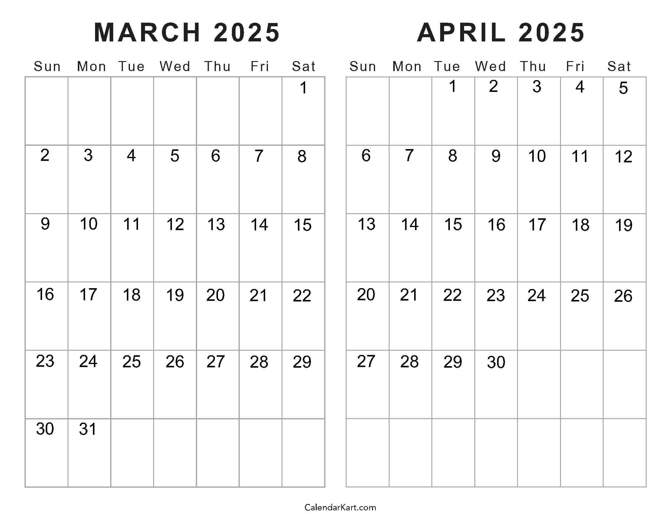 March and April 2025 Calendar