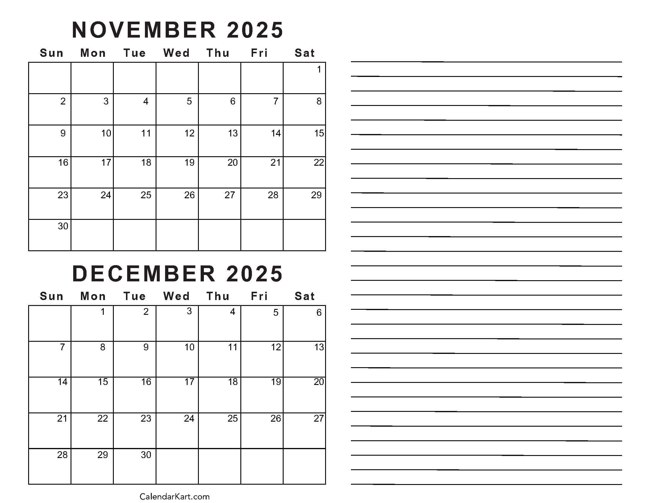 november and december 2025 calendar printable
