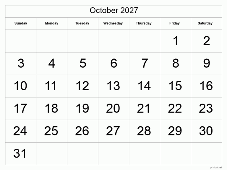Printable October 2027 Calendar Free Printable Calendars