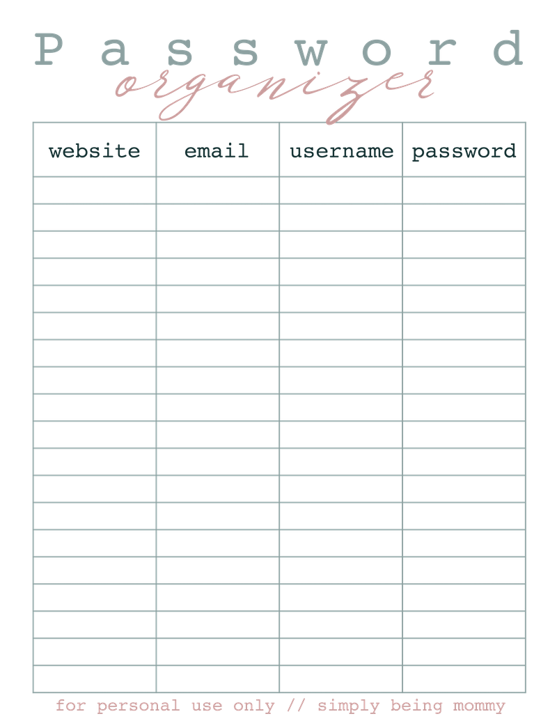 Printable Password Organizer Free Way To Organize Your Passwords