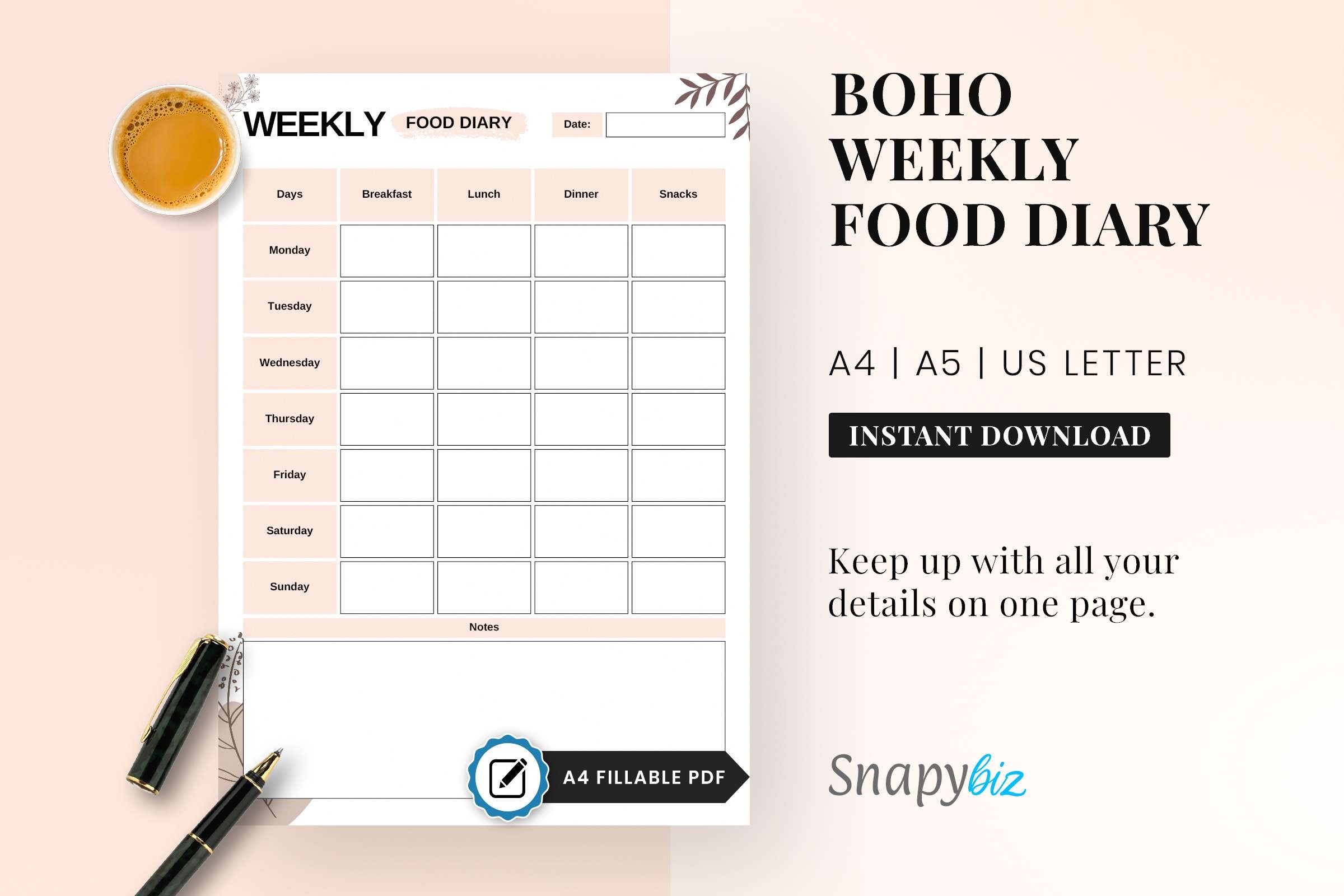 Printable Weekly Food Food Diary Food Tracker SnapyBiz