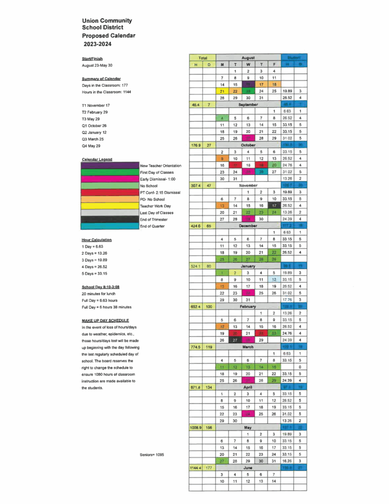 Proposed Calendar For 2023 2024 School Year Union Community School District