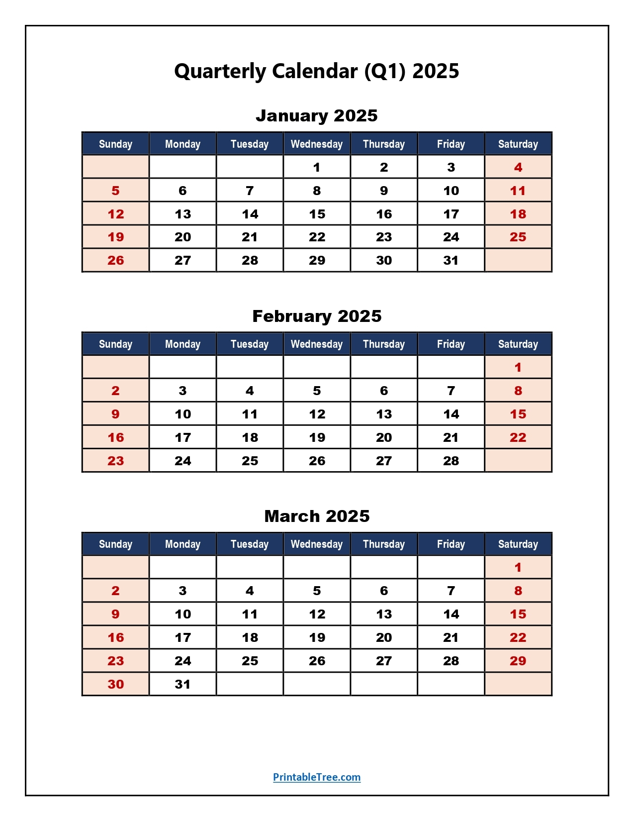 Q1 Quarterly Calendar 2025 Printable PDF Templates