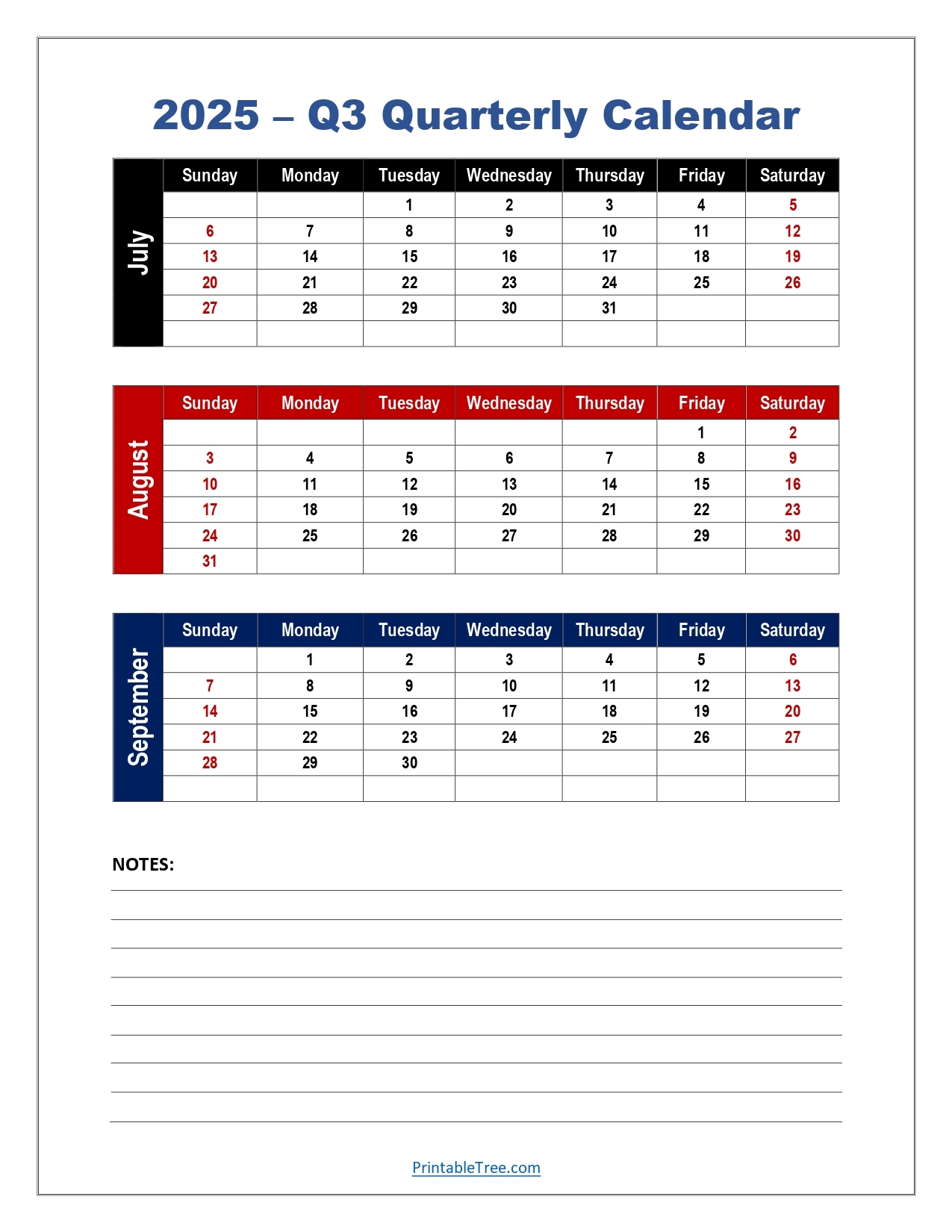 2025 q3 quarterly calendar printable