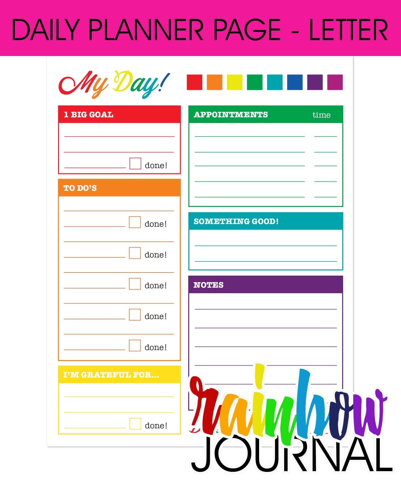 Rainbow Journal Daily Printable Planner Page US Letter Size 8 5 X 11 Planners Inserts Colorful Pretty Cute Happy Etsy