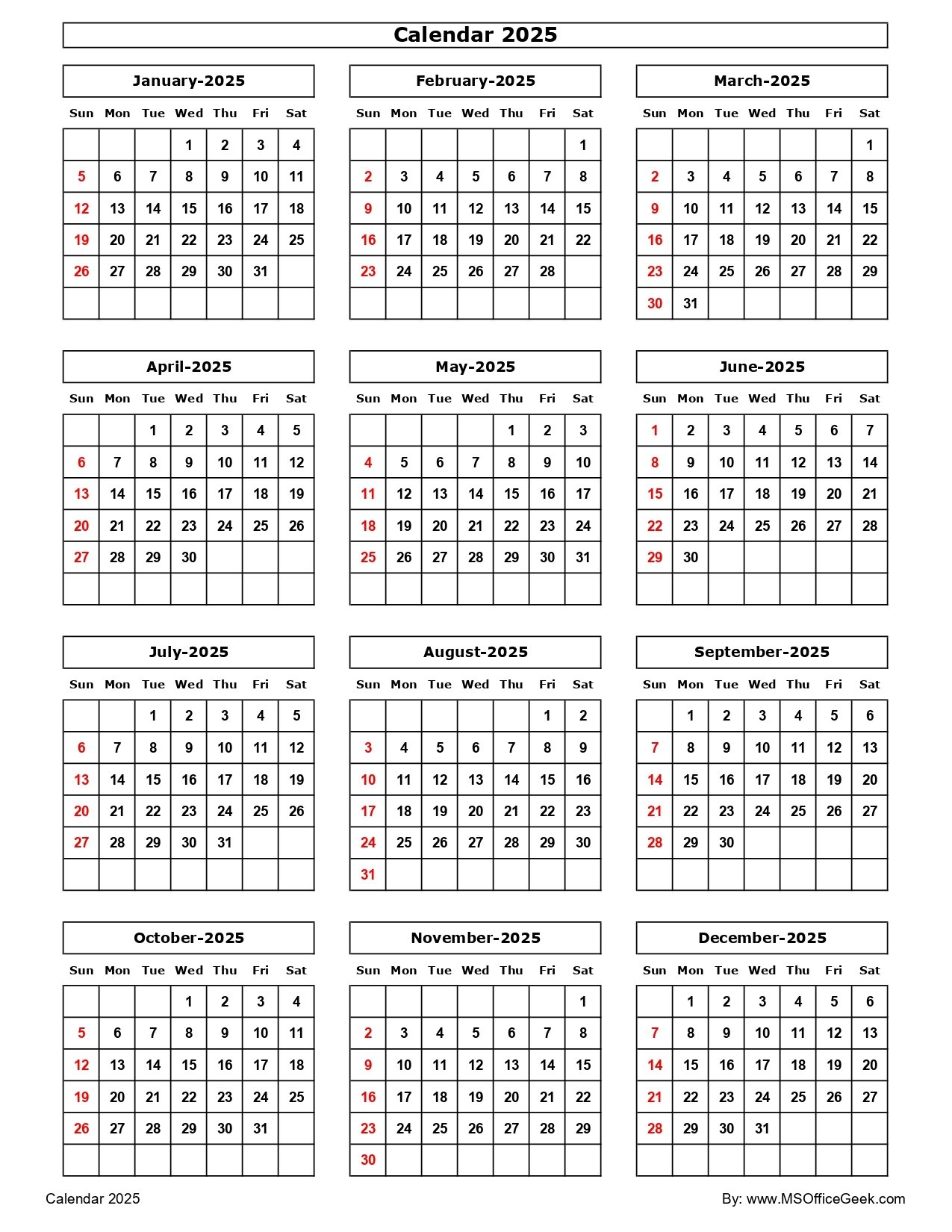 2025 Calendar One Page Black Portrait