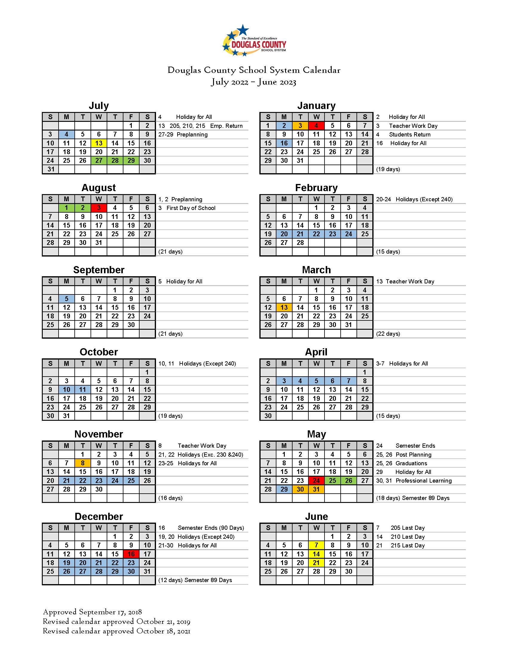 Revised Calendar For 2022 2023 Douglas County School System