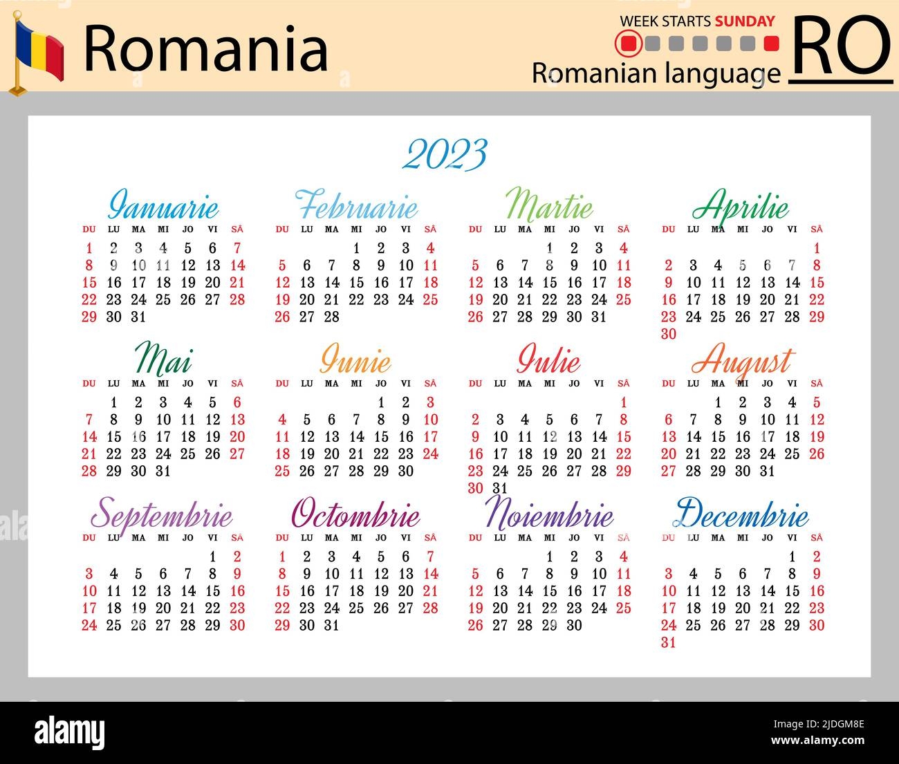 Romanian Horizontal Pocket Calendar For 2023 two Thousand Twenty Three Week Starts Sunday New Year Color Simple Design Vector Stock Vector Image Art Alamy