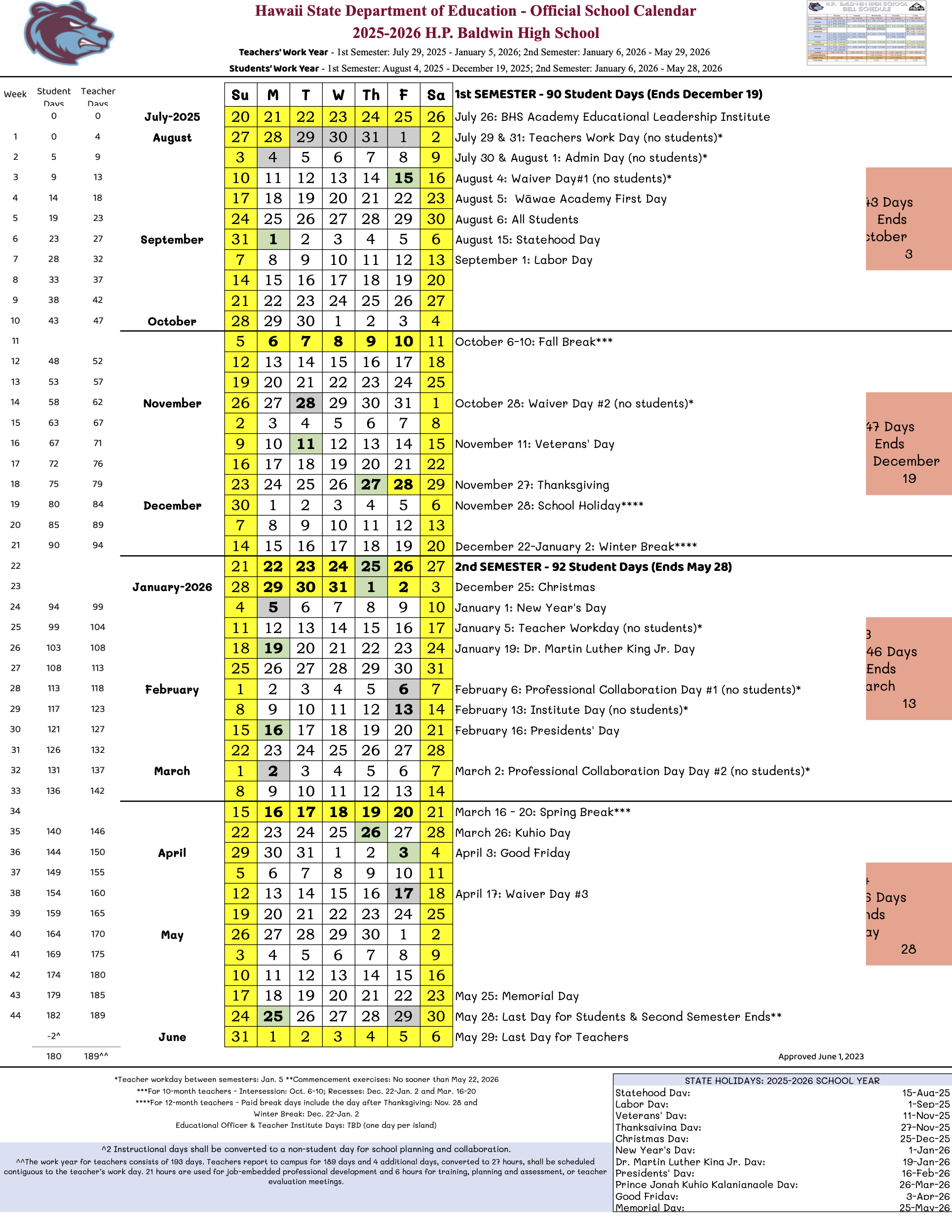 School Calendar 2025 2026 About H P Baldwin High School