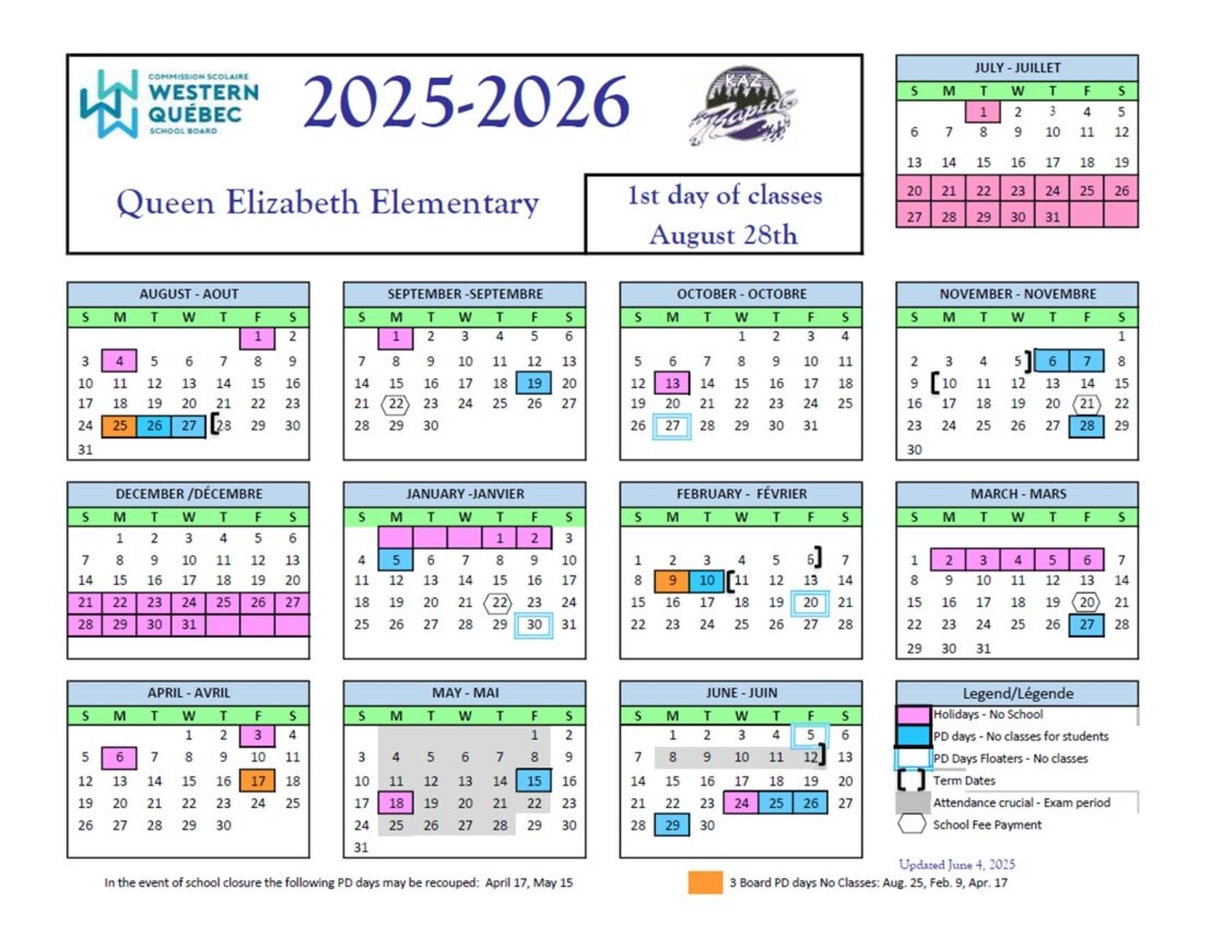 School Calendar And Supplies Lists For 2025 2026 Queen Elizabeth Elementary School