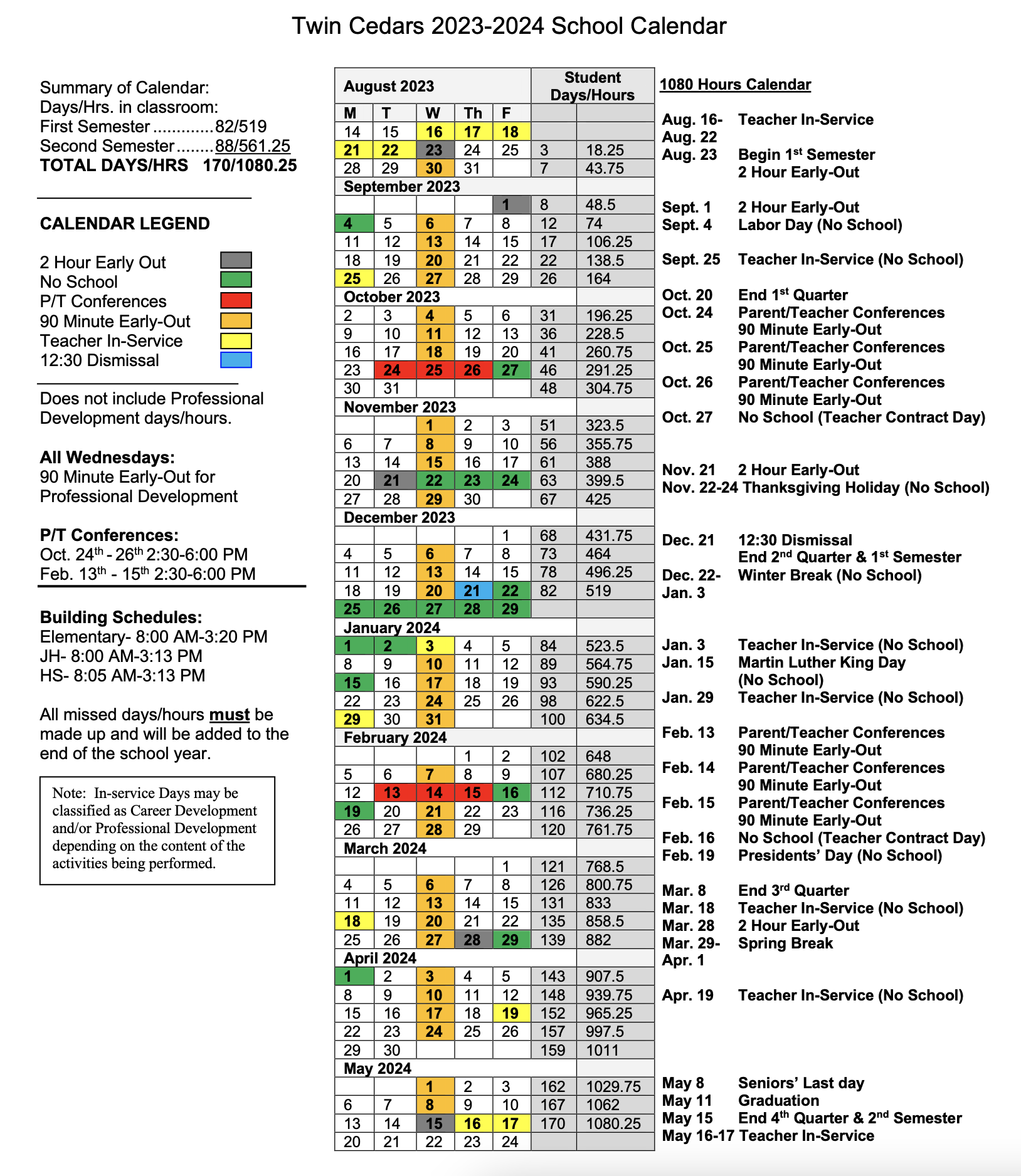 School Calendar Changes Twin Cedars Community School District School Calendar Changes Twin Cedars Community School District