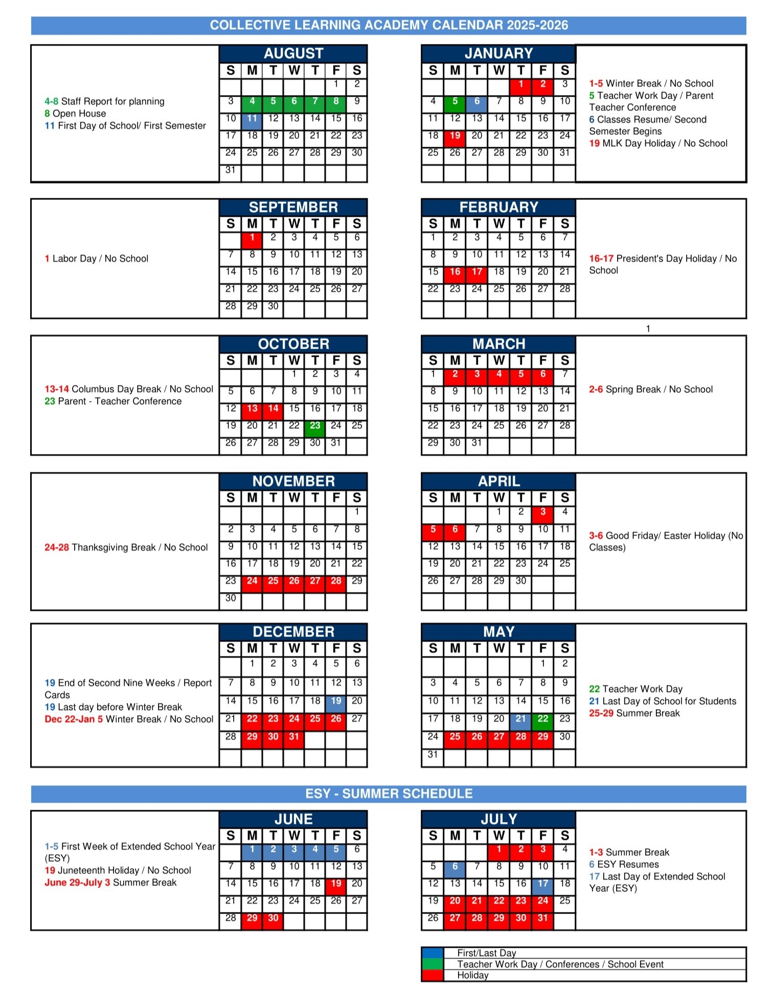 School Calendar Collective Learning Academy Of Atlanta