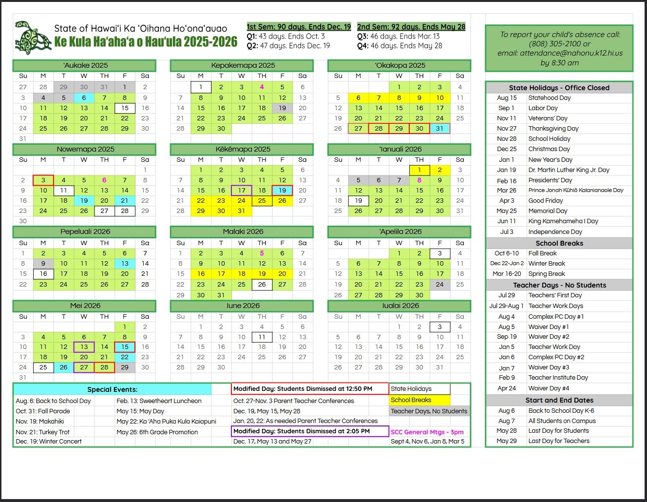 School Calendar Hau ula Elementary