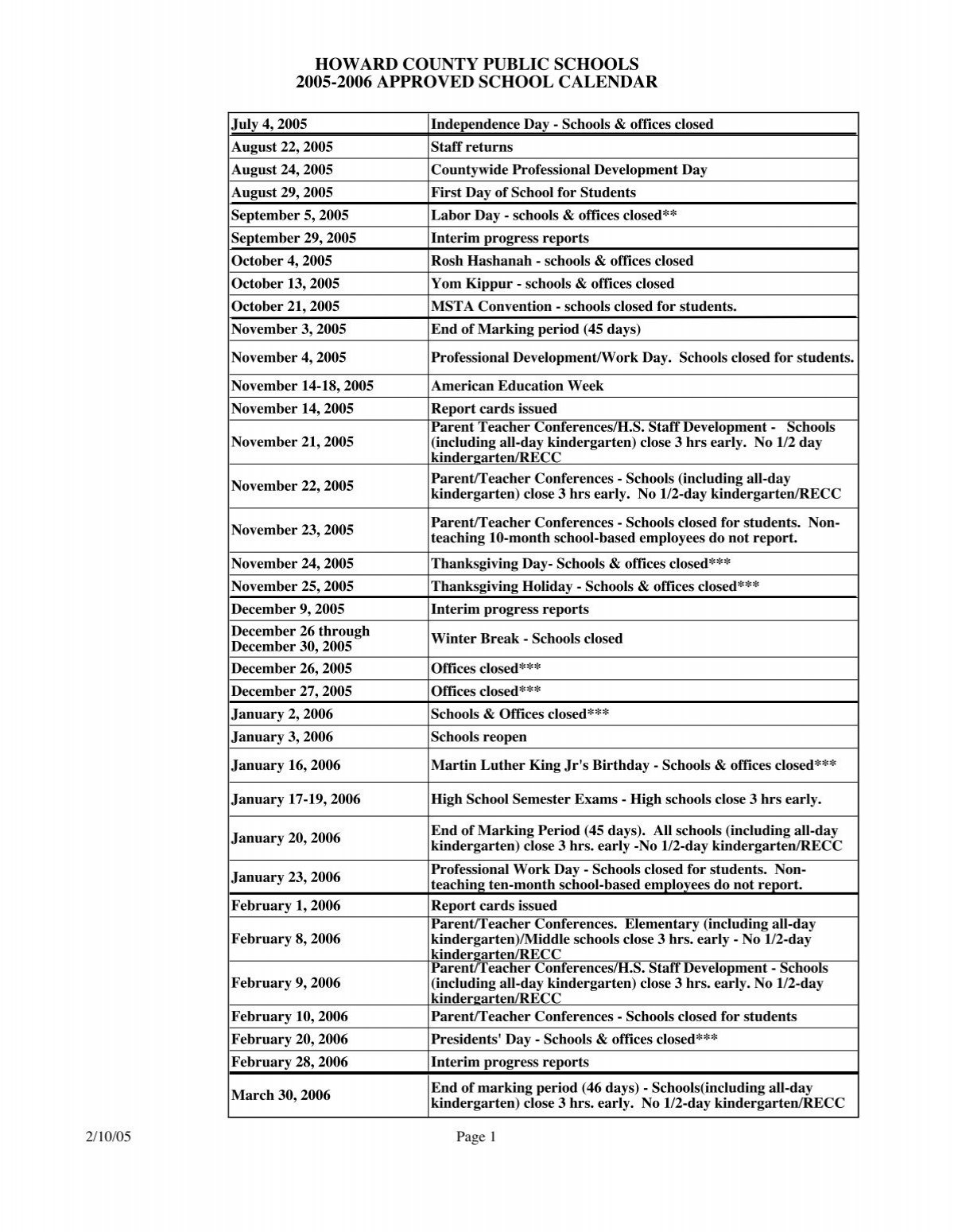 School Calendar Howard County Public Schools
