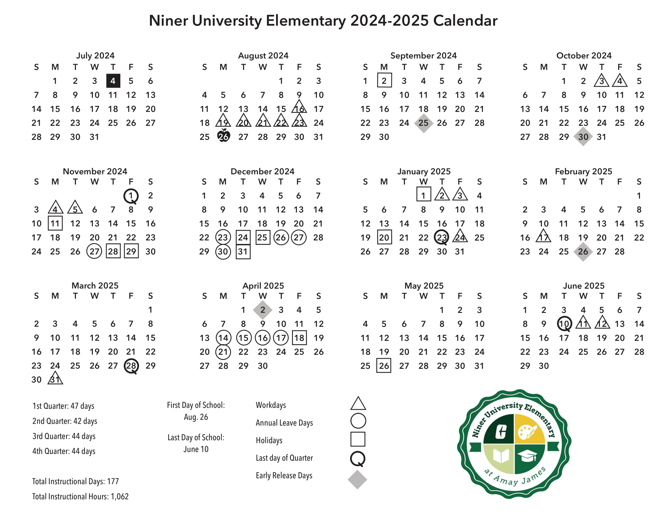 School Calendar Niner University Elementary At Amay James
