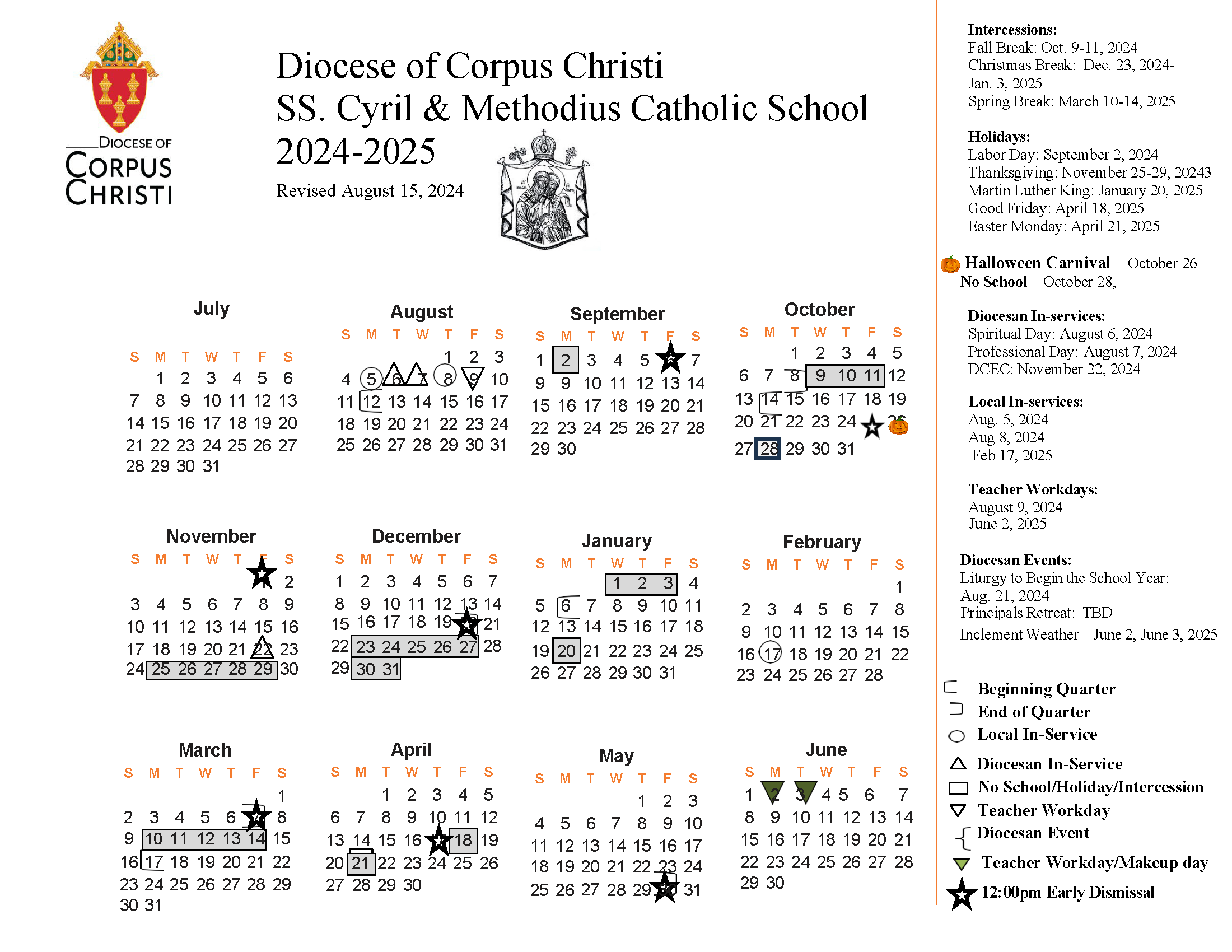School Calendar Parents Community Saints Cyril Methodius Catholic School