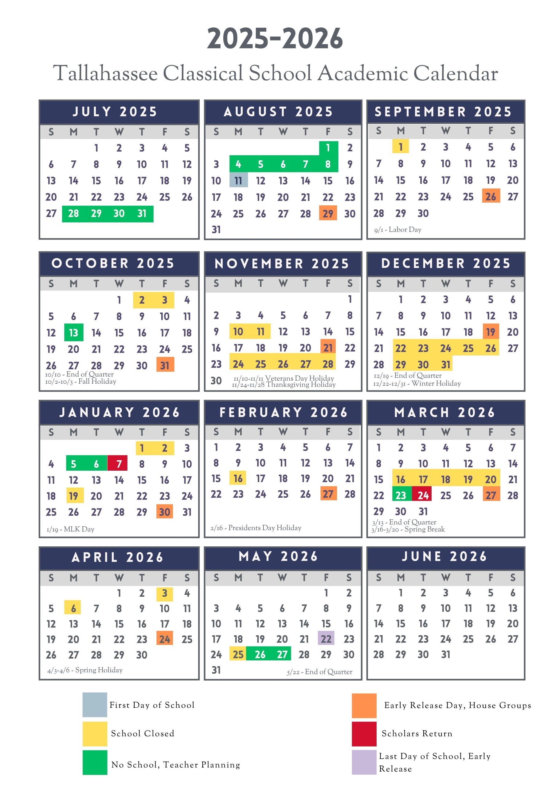 School Calendar Tallahassee Classical School