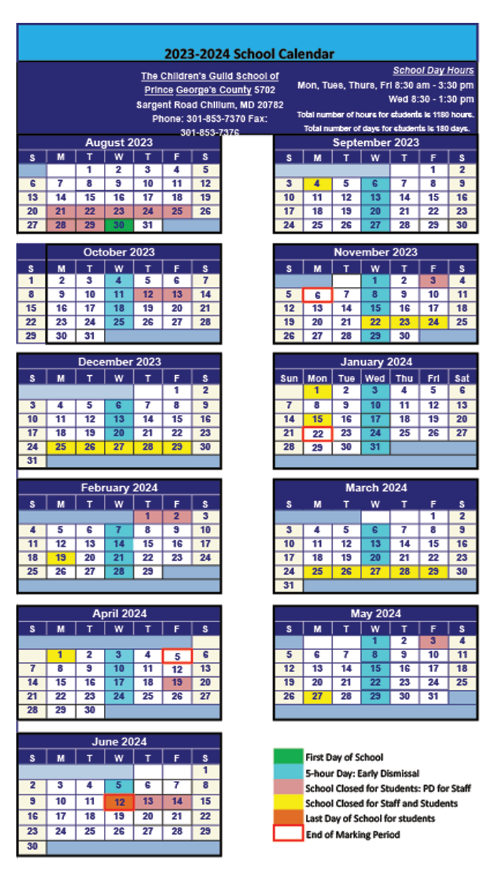 School Calendar The Children s Guild School Of Prince George s County