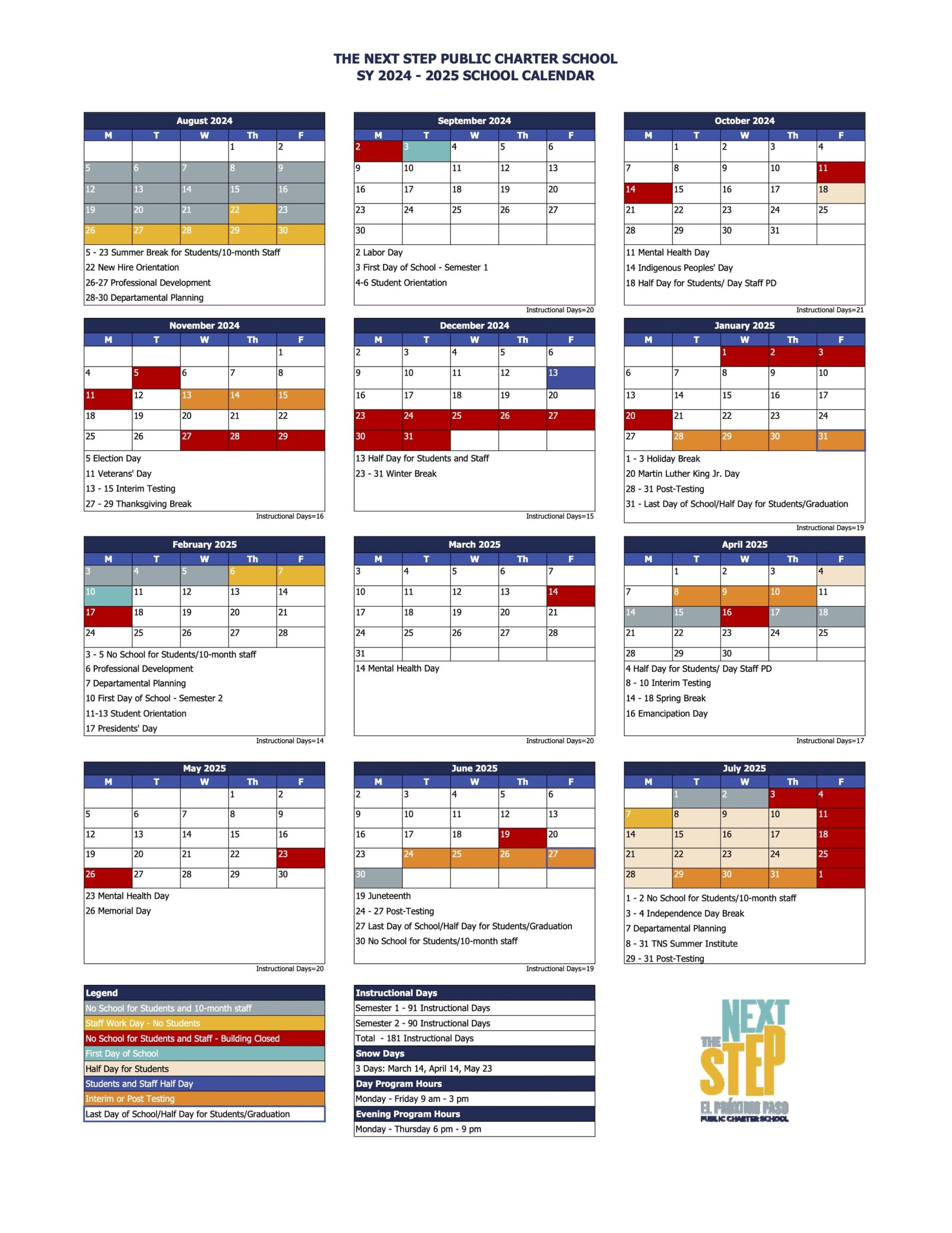 School Calendar The Next Step Public Charter School