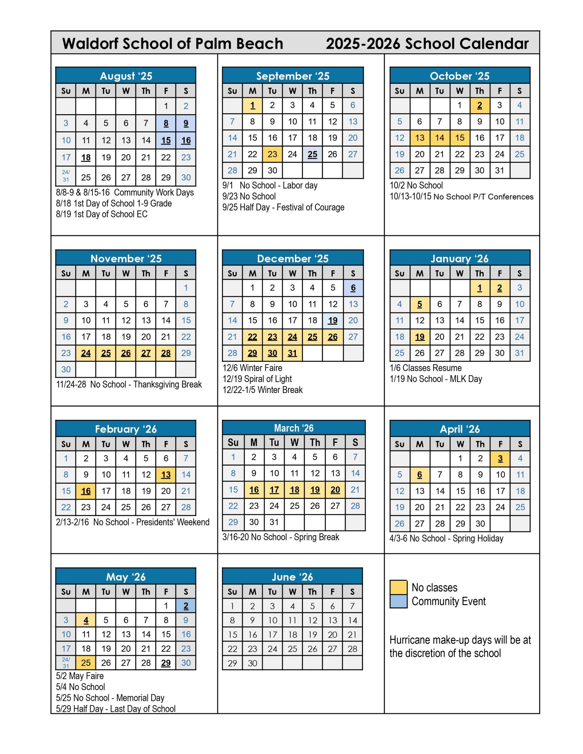 School Calendar Waldorf School Of Palm Beach