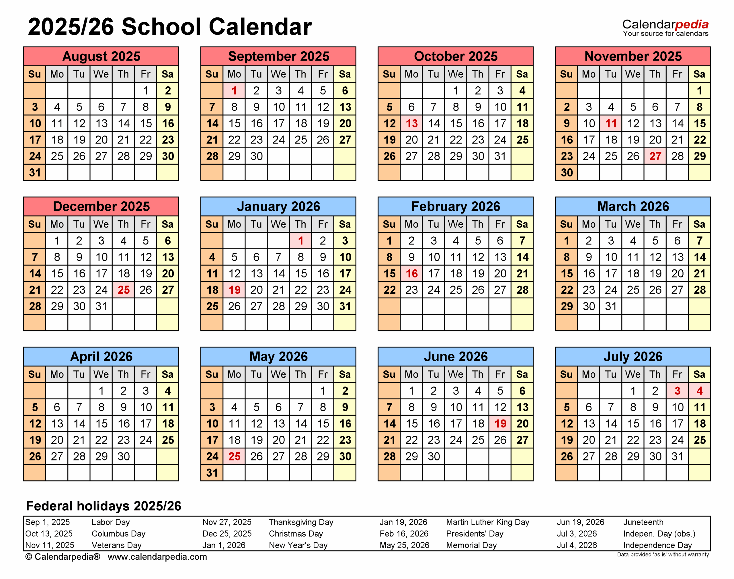 School Calendars 2025 2026 Free Printable Excel Templates