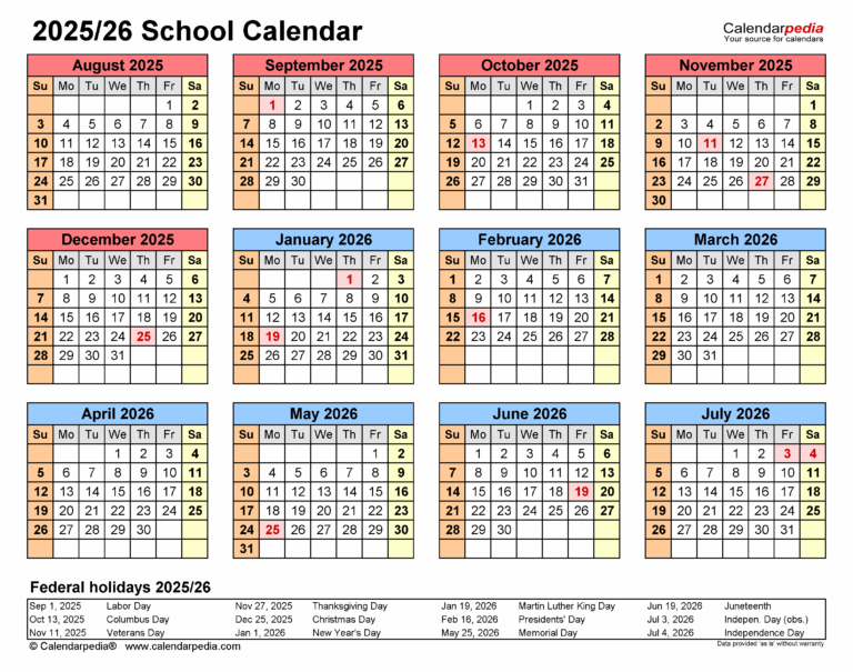 School Calendars 2025 2026 Free Printable Excel Templates