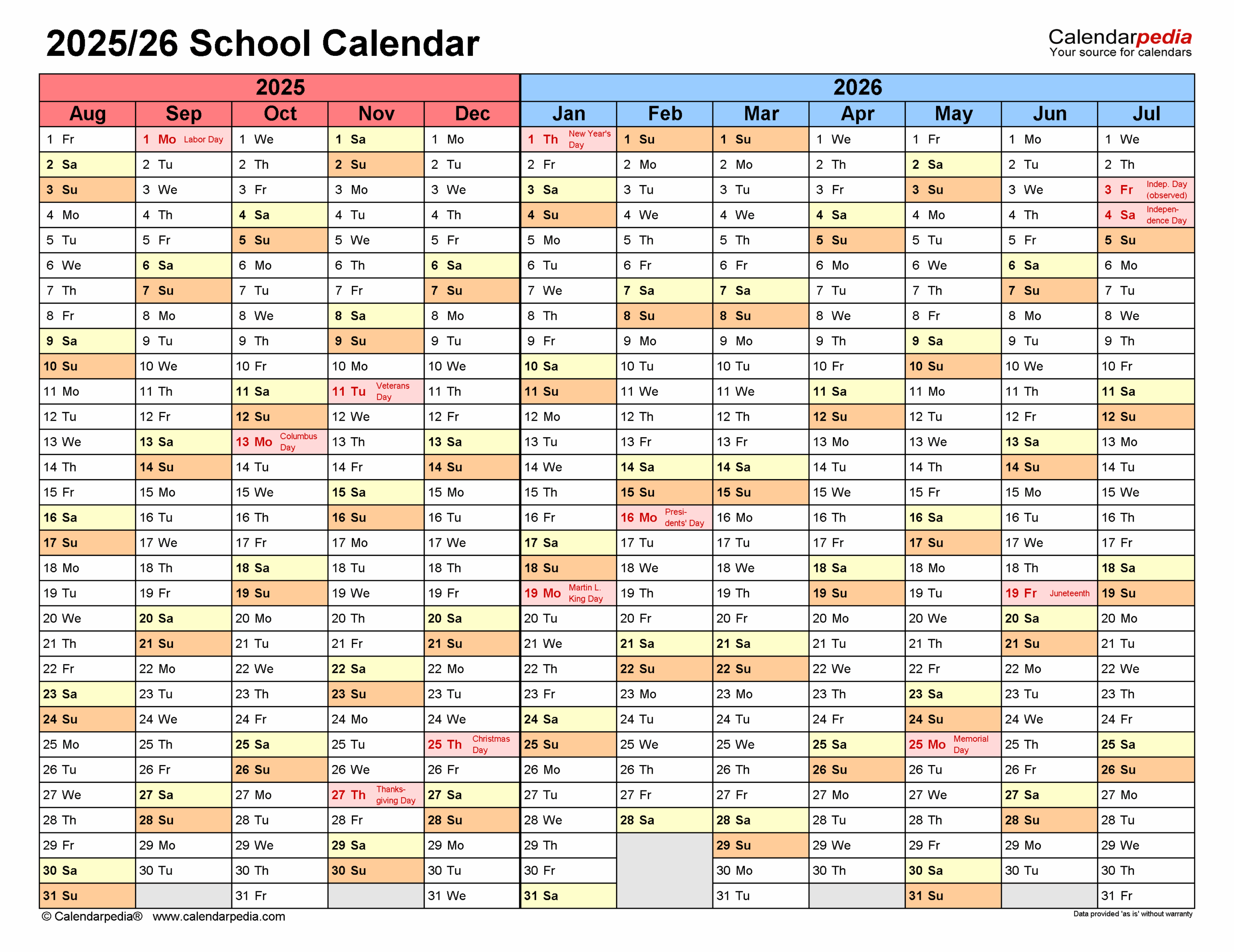 School Calendars 2025 2026 Free Printable Excel Templates