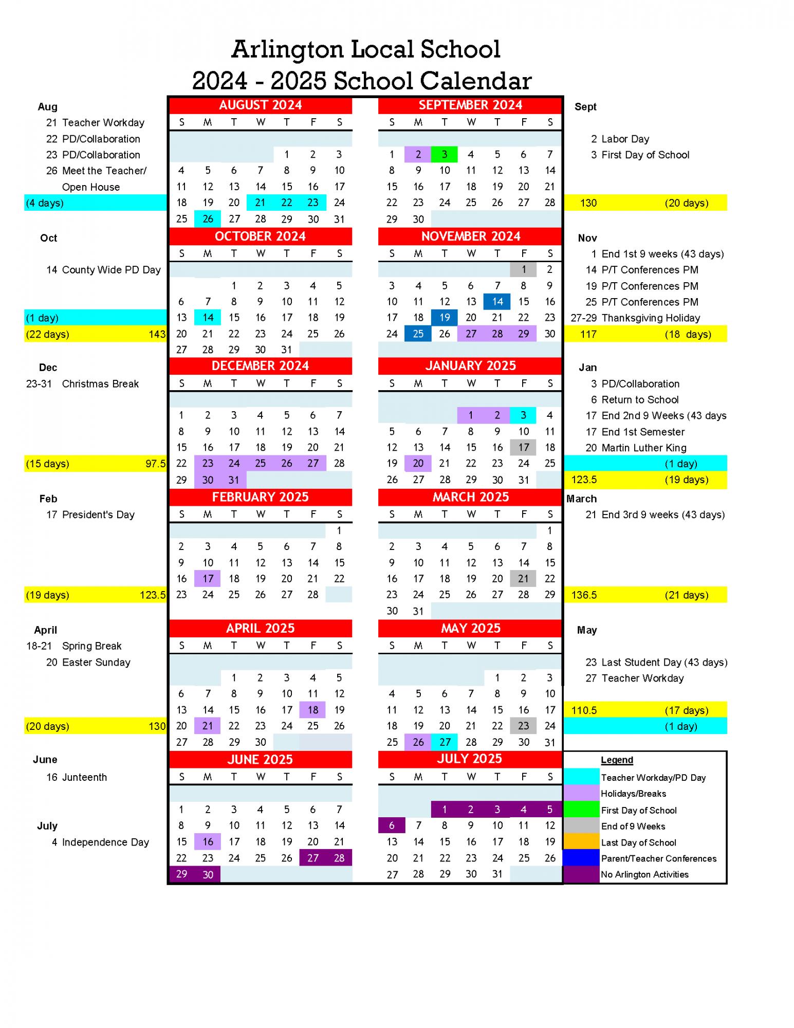 School Calendars Arlington Local Schools
