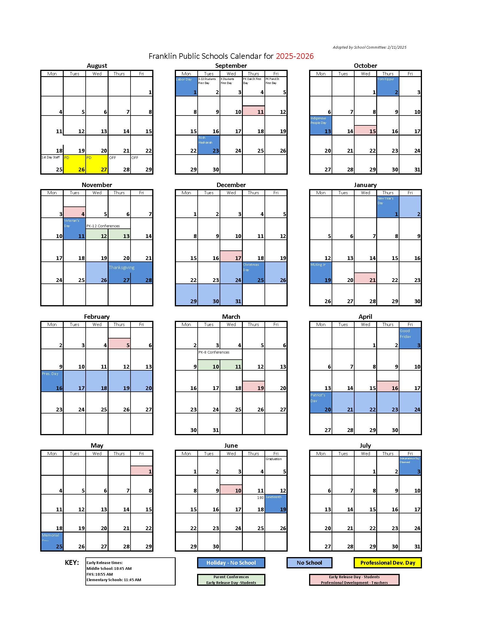 School Calendars Franklin Public School District