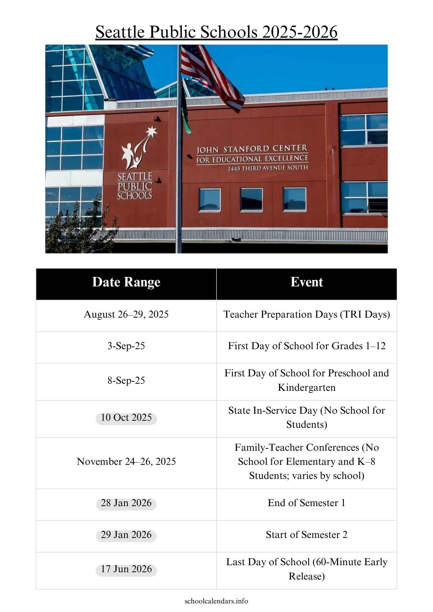 Seattle Public Schools Calendar 2025 2026 Holidays 