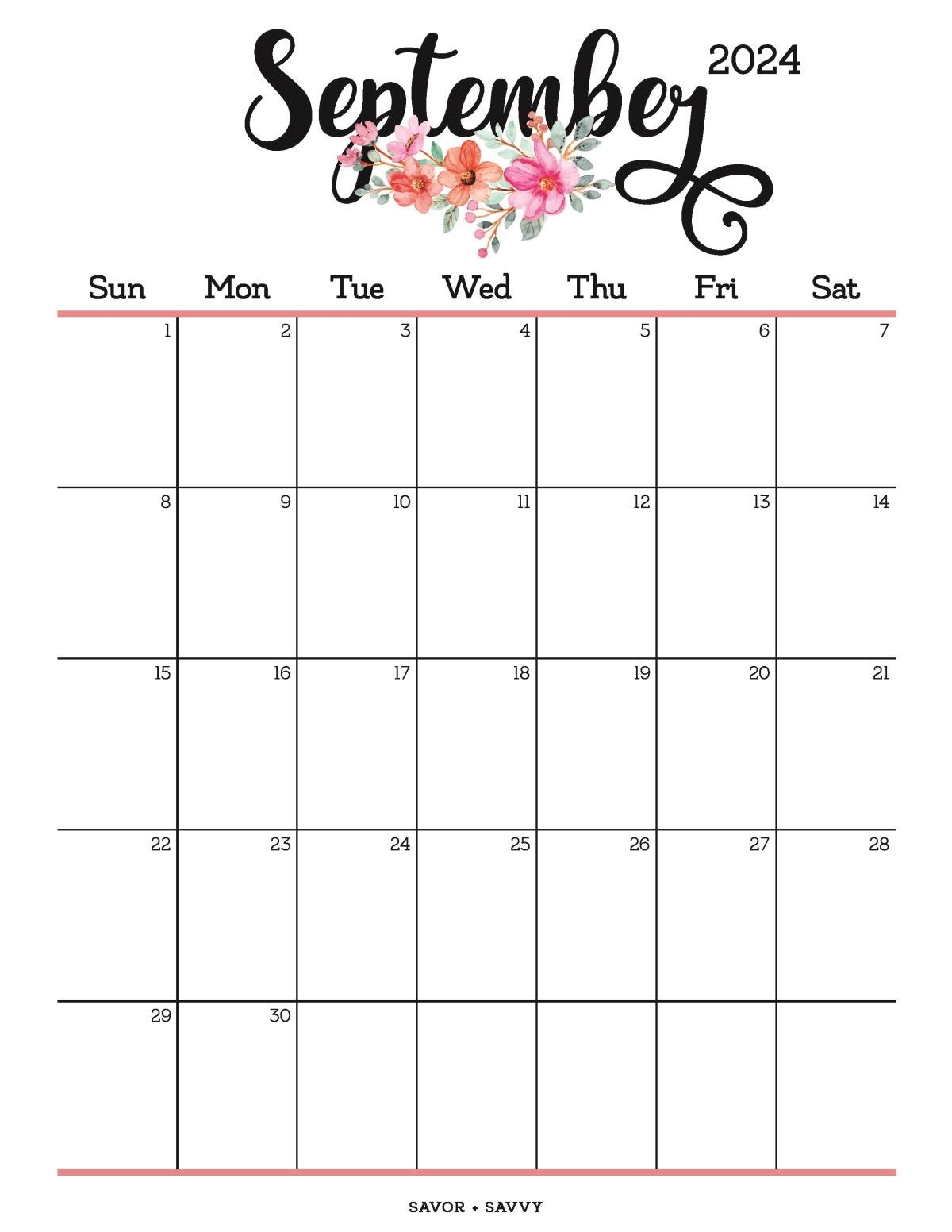 September 2024 Floral Calendar Printable