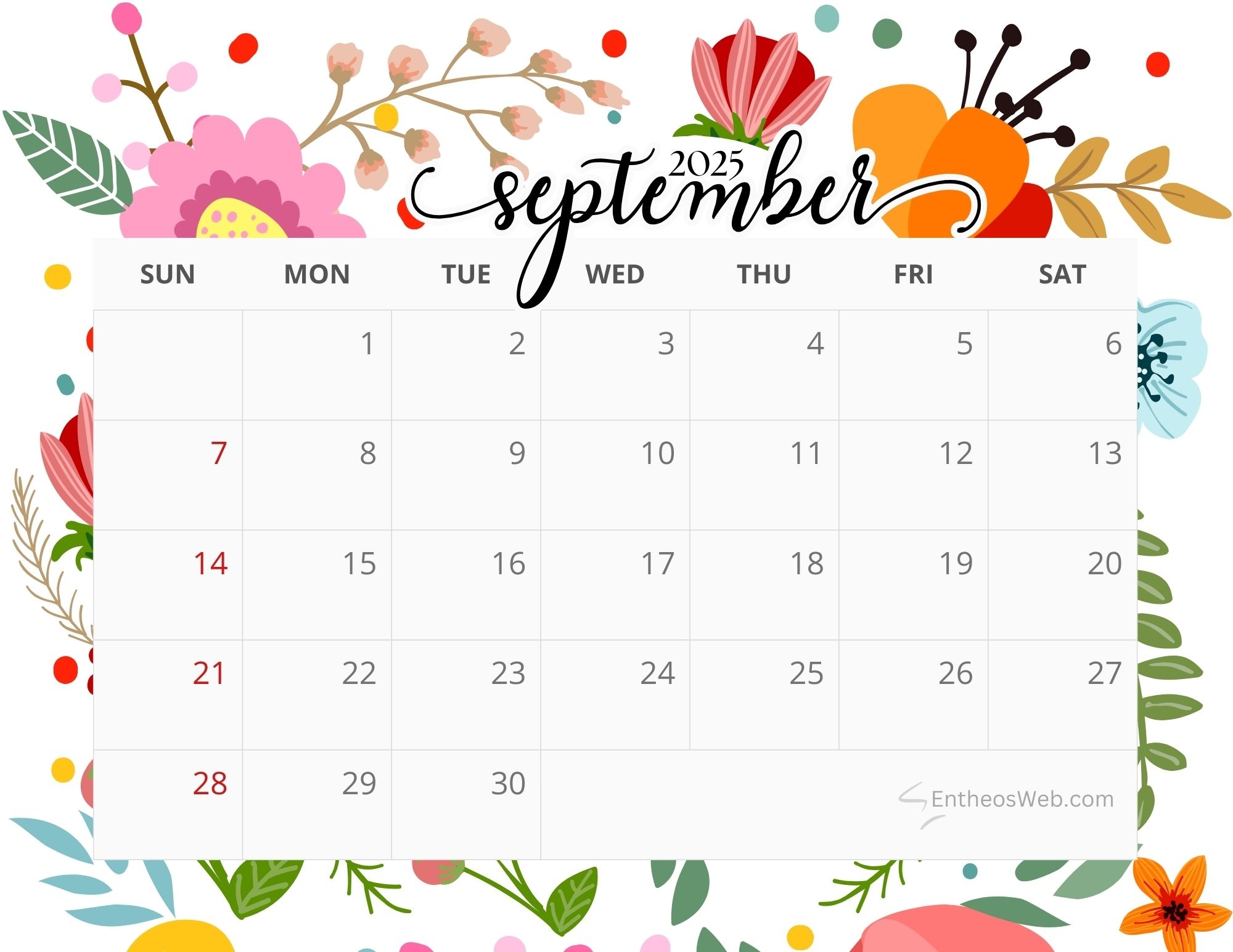 September 2025 Floral Calendar Printable