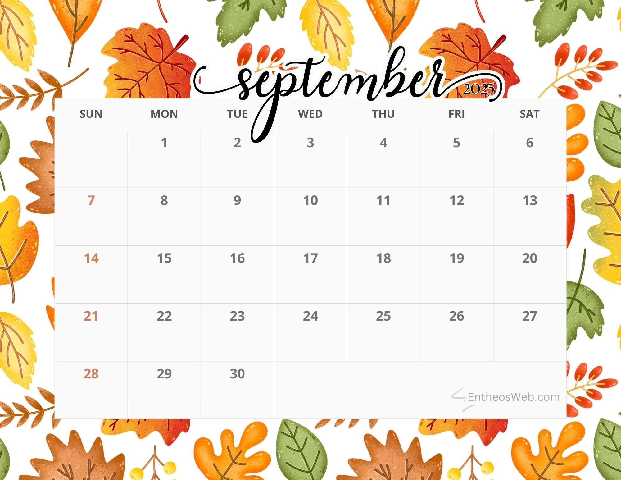 September 2025 Yellow Leaf Calendar Printable