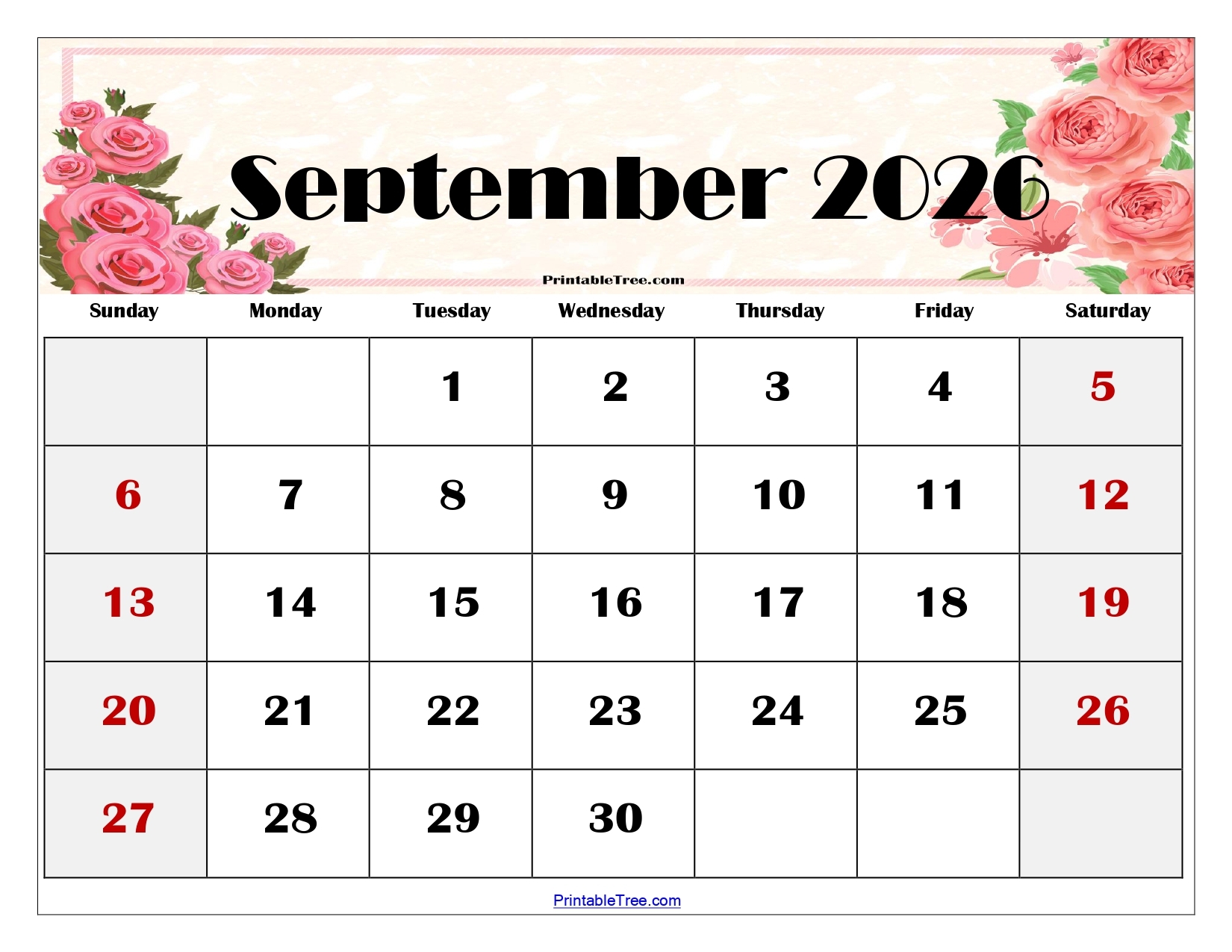 September 2026 Calendar Large Number
