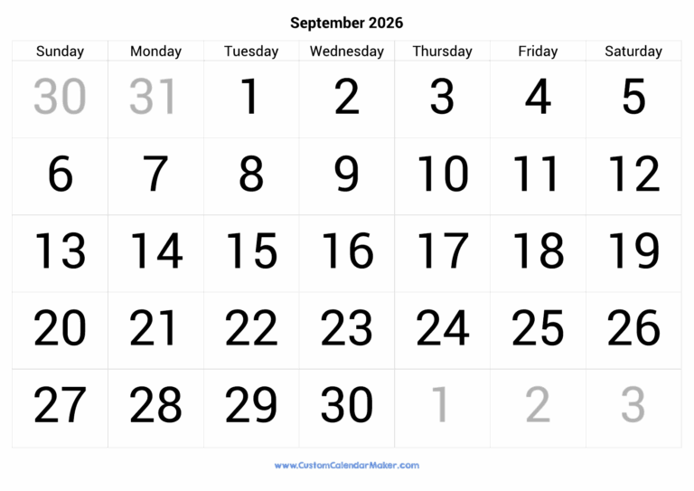 September 2026 Calendar Printable With Large Numbers Custom Calendar Maker