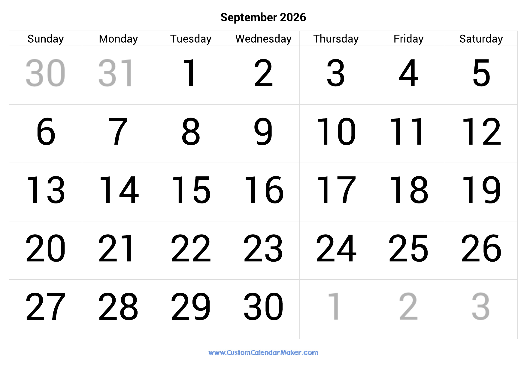 September 2026 Calendar Printable With Large Numbers Custom Calendar Maker