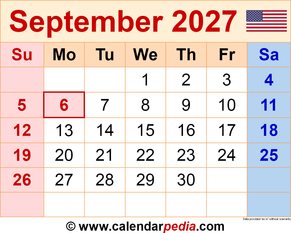 September 2027 Calendar Templates For PDF Excel And Word
