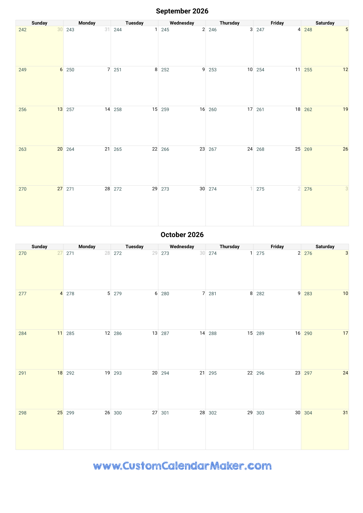 september and october 2026 calendar printable