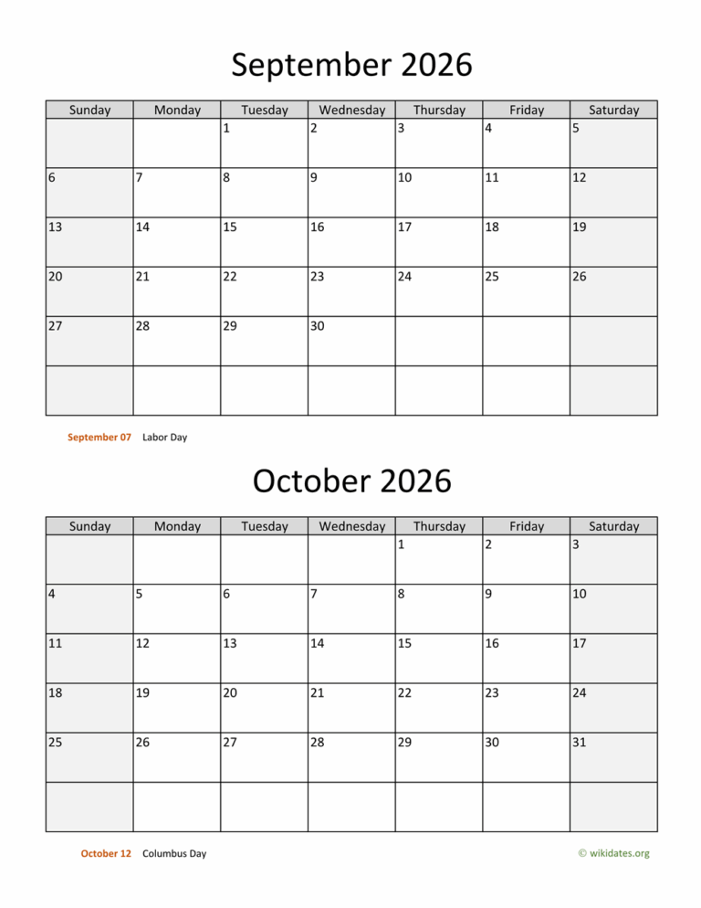 September And October 2026 Calendar WikiDates