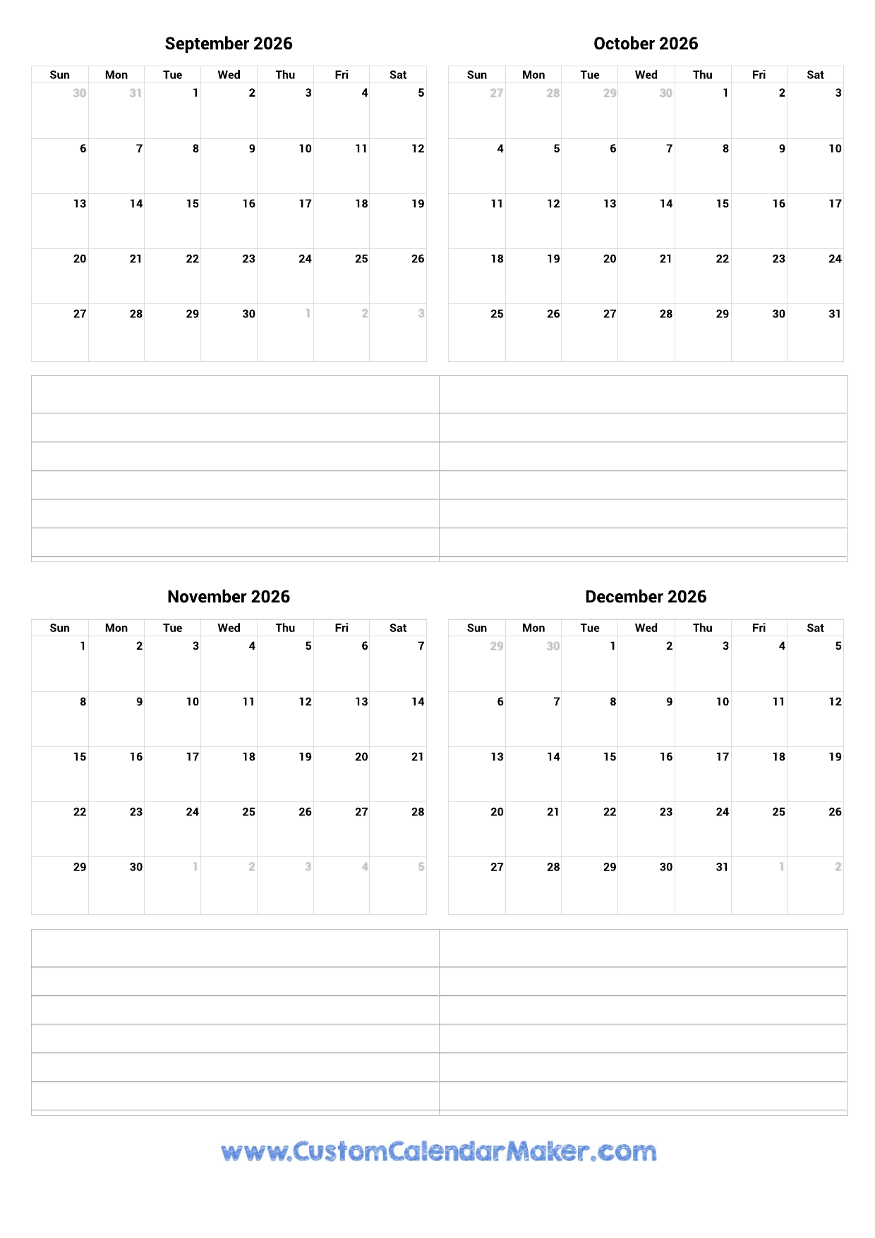 September To December 2026 Printable Calendar Custom Calendar Maker September To December 2026 Printable Calendar Custom Calendar Maker