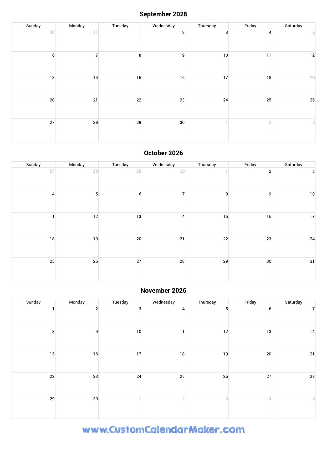 September To November 2026 Calendar Printable Custom Calendar Maker
