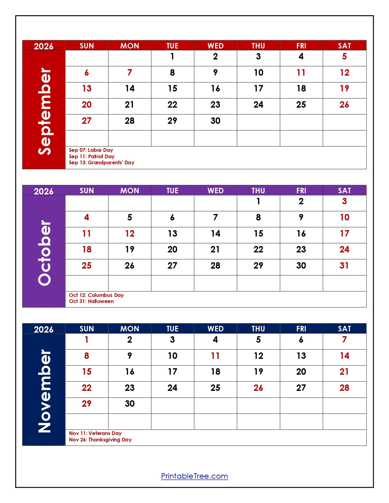 September To November 2026 Calendar Printable Three Month Calendar