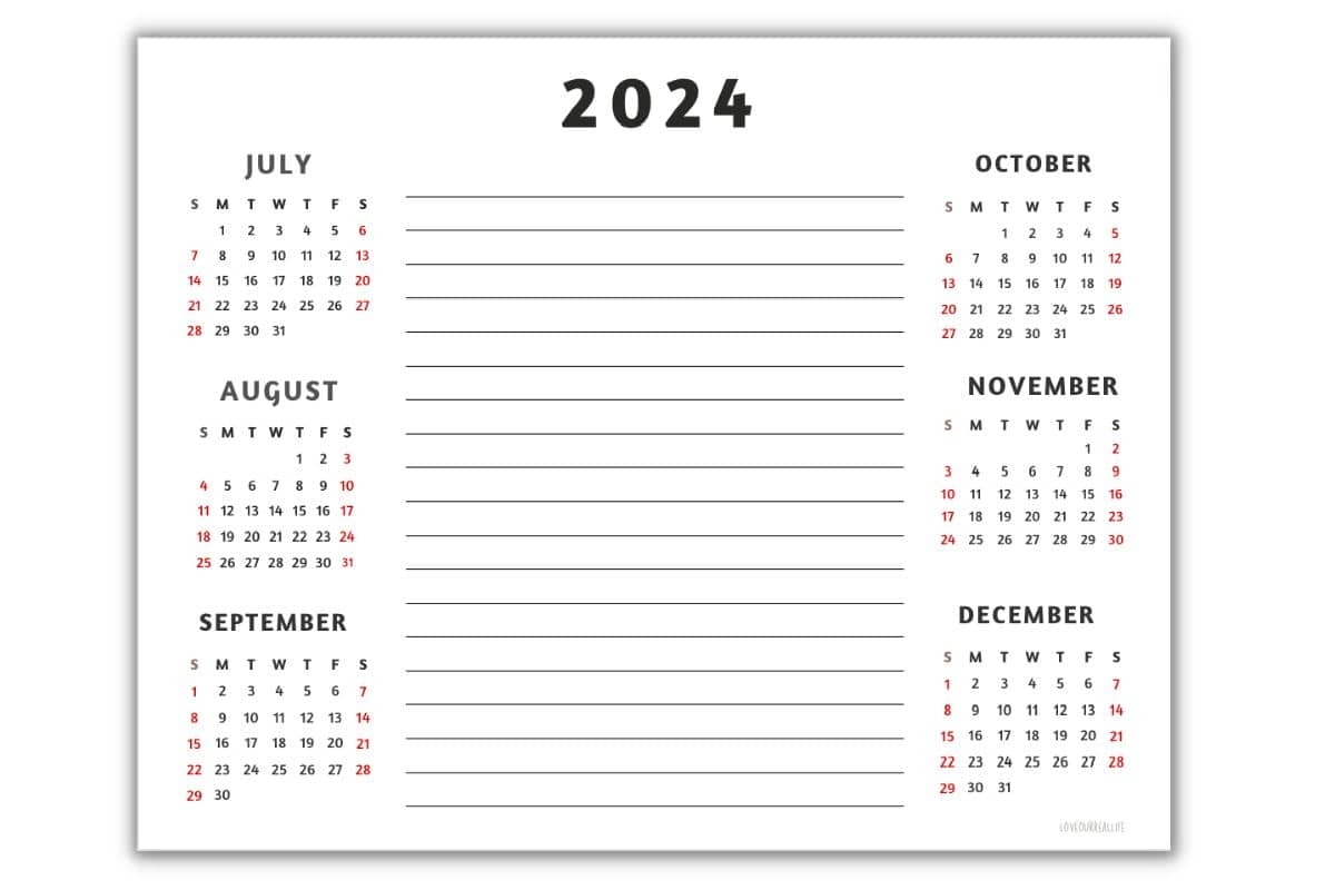 six month calendar printable
