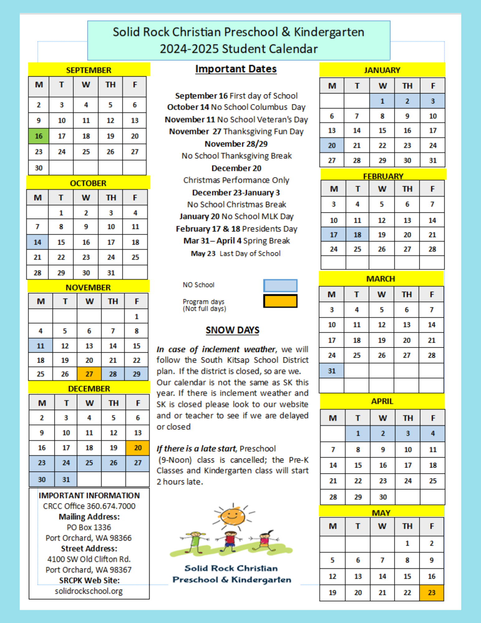 Solid Rock Christian Preschool 2024 2025 School Calendar