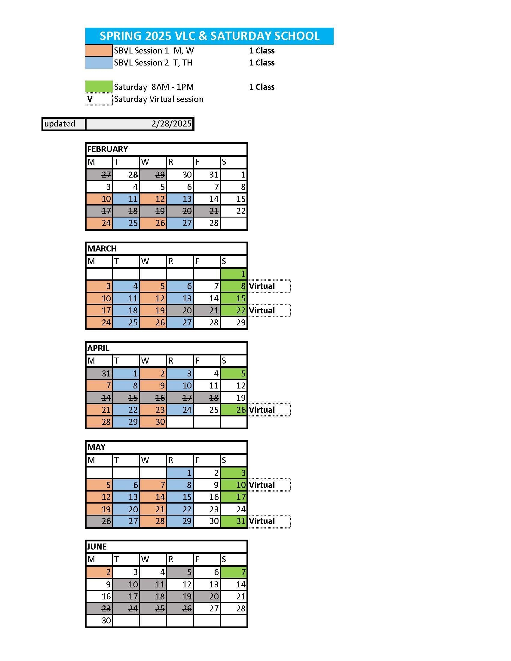 Spring 2025 VLC And Saturday School Calendar VLC And Saturday School Calendar James Madison High School
